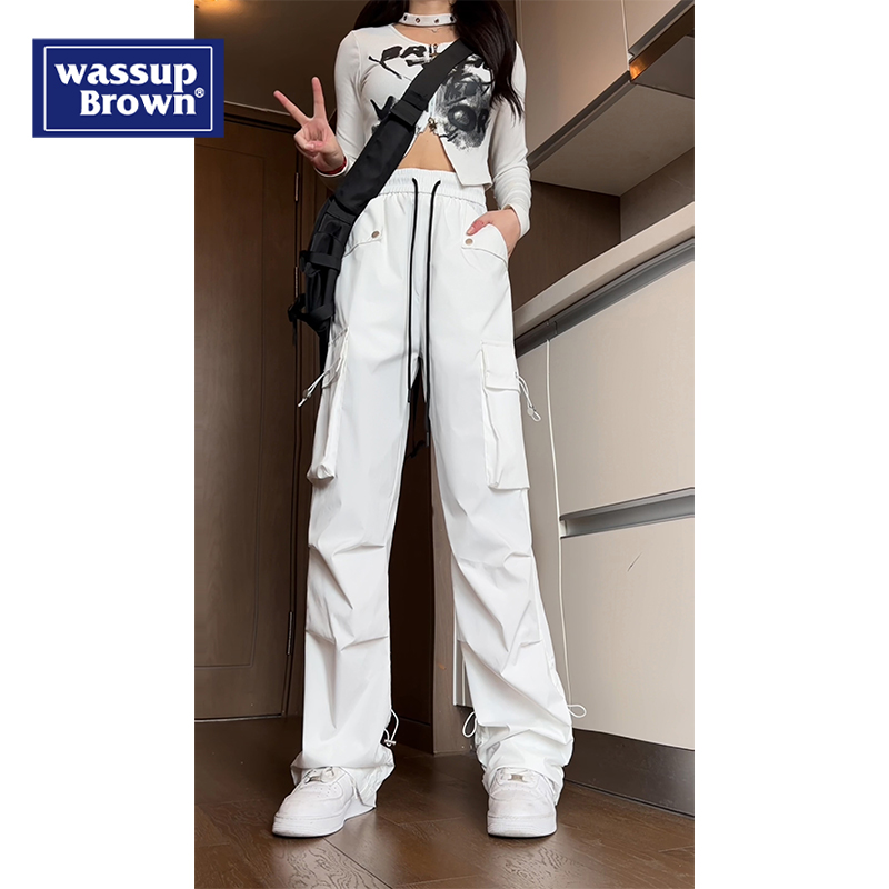 WASSUP白色裤 子男春秋季 高级感机能防水小众设计感青少年降落伞裤