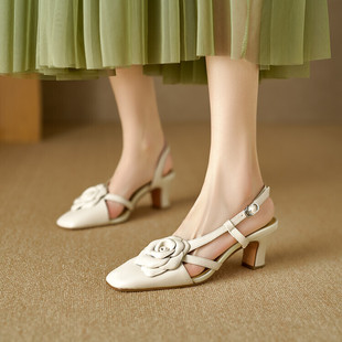 MLLS 女包头鞋 米白色银色花朵法式 女鞋 方头粗跟高跟真皮凉鞋 夏季