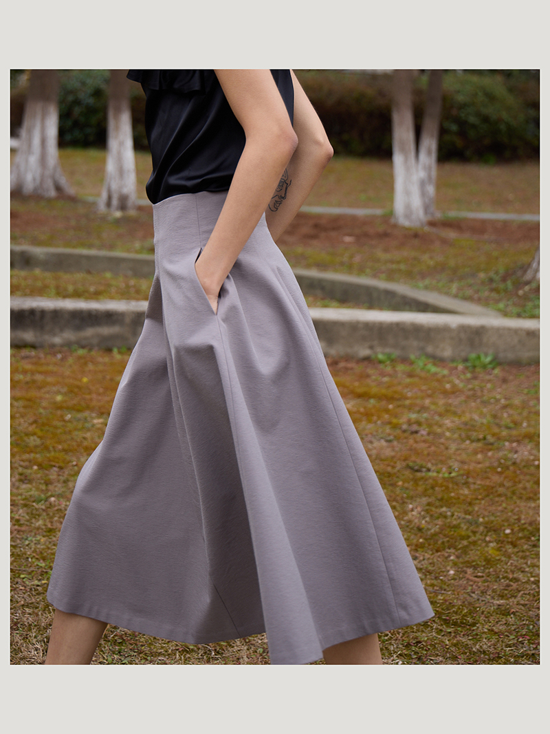 及踝长裙高腰伞裙纯色原创设计 灰紫色ROSA半裙 MYTOPBUYER