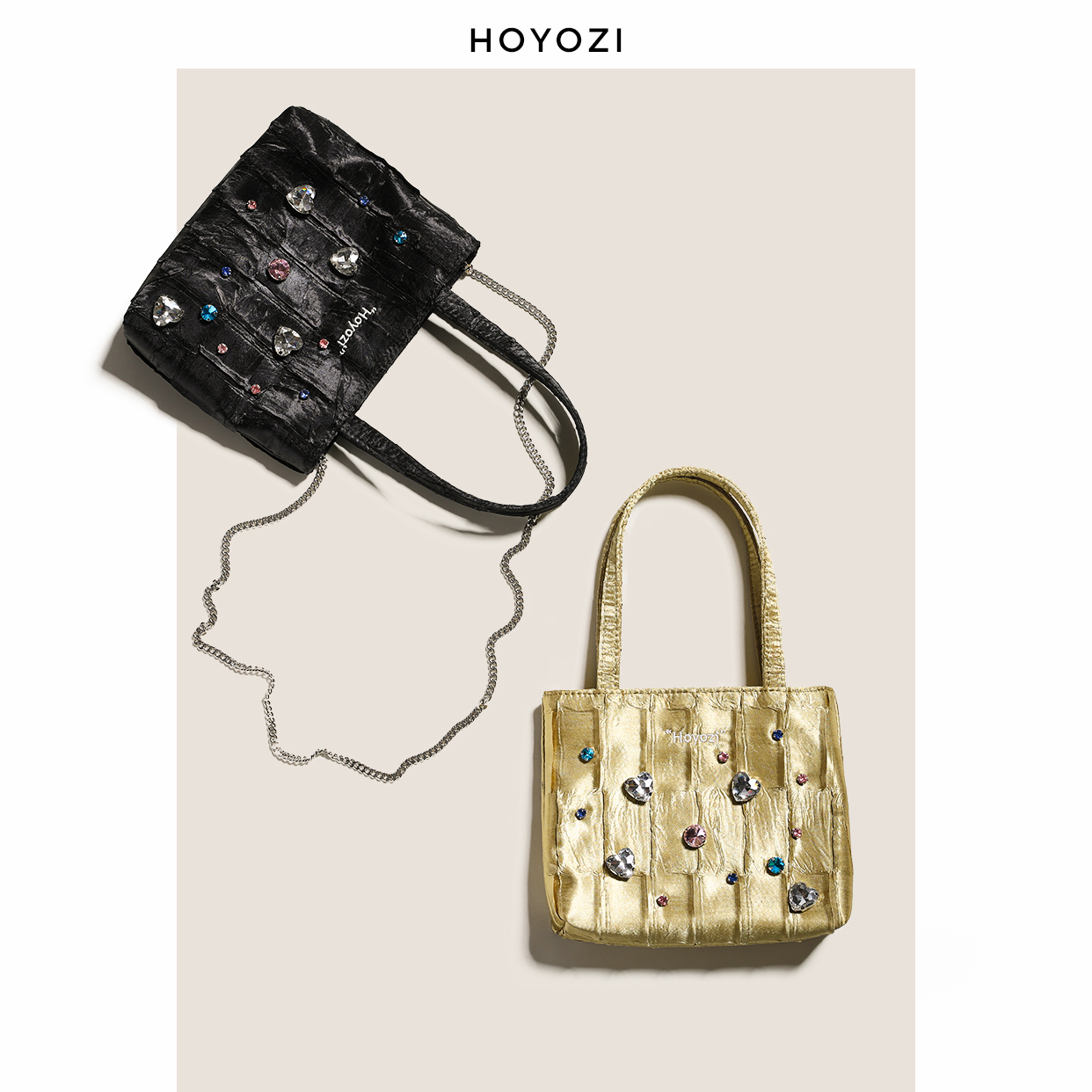 新中式 HOYOZI原创 褶皱水钻铆钉手机小包包女2024 小优家包包