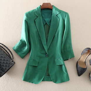 小外套 修身 显瘦防晒绿色七分袖 真丝亚麻西装 优雅女装 2022春夏新款