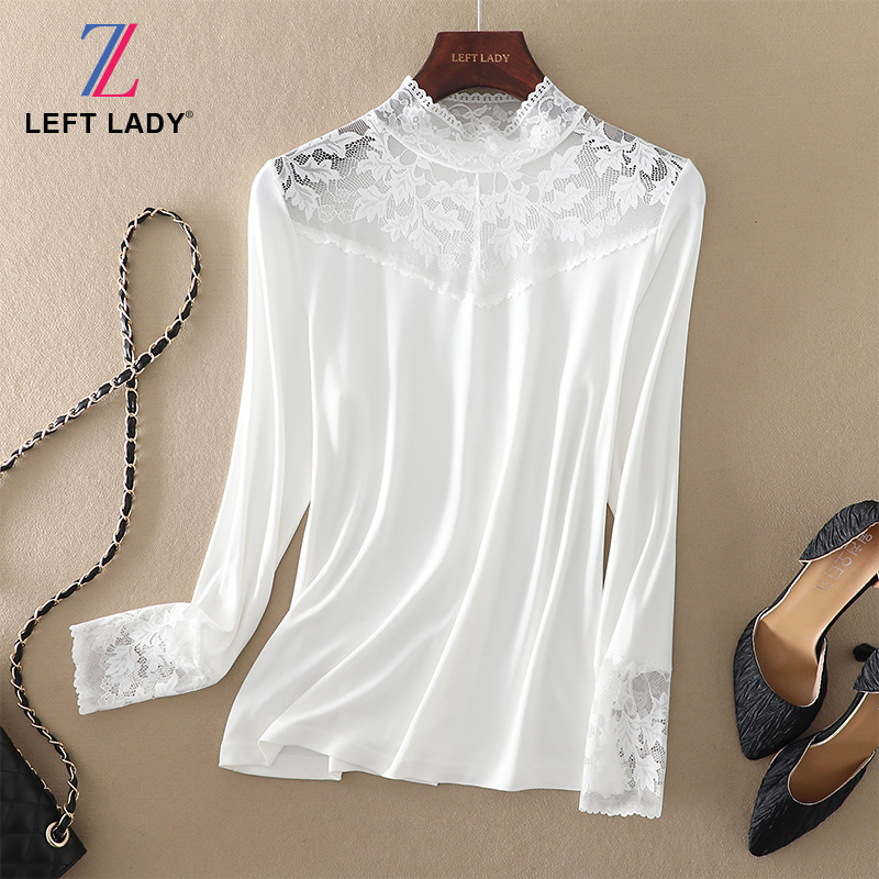 白色长袖 蕾丝内搭打底衫 时尚 高端女装 上衣 显瘦短款 新款 修身 春夏装