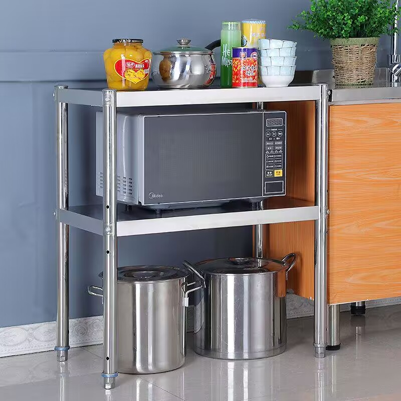 不锈钢厨房置物架两层收纳家用碗架微波炉灶台架