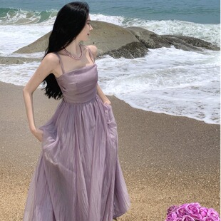 温柔风仙女长裙海边度假沙滩裙吊带连衣裙女夏季 紫色超仙显瘦法式