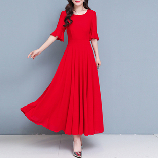 雪纺红色连衣裙女夏季 2023年新款 收腰显瘦沙滩度假大摆长裙子 大码
