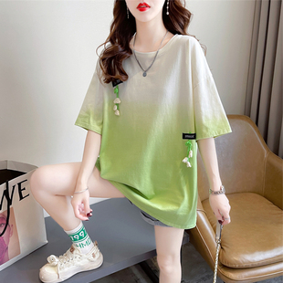 韩版 宽松大码 女装 设计感小众短袖 中长款 t恤女夏季 小个子扎染上衣