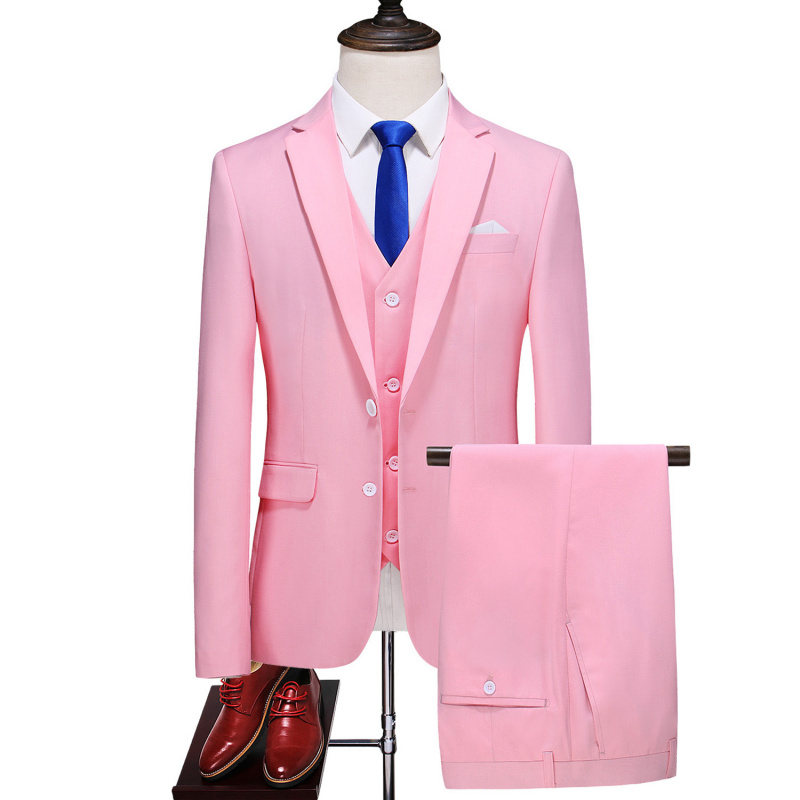 潮流 时尚 大码 西服三件套粉色帅气婚礼主持工作服商务正装 修身 男士