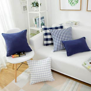 靠枕靠垫套深蓝纯色格子枕套子 文艺现代简约沙发抱枕北欧风格 日式