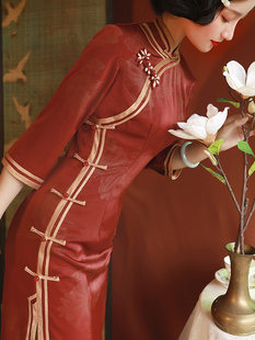 红色老上海旗袍2022年新款 改良复古高端气质民国风长款 连衣裙 秋季