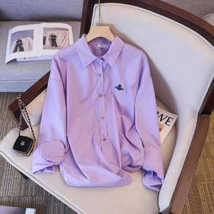 国际品牌专柜撤回女装 时尚 衬衫 紫色polo领外穿衬衣潮 外贸大牌秋装