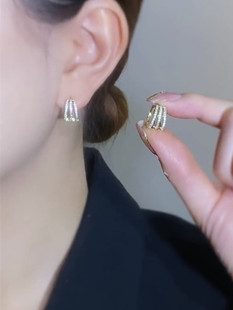 潮高级感 轻奢镶钻耳圈耳环女小众设计感防过敏银针耳钉2022年新款
