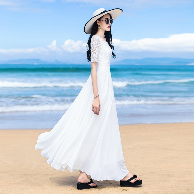 2024夏季 新款 大摆连衣裙波西米亚沙滩长裙及踝 白色雪纺蕾丝五分袖