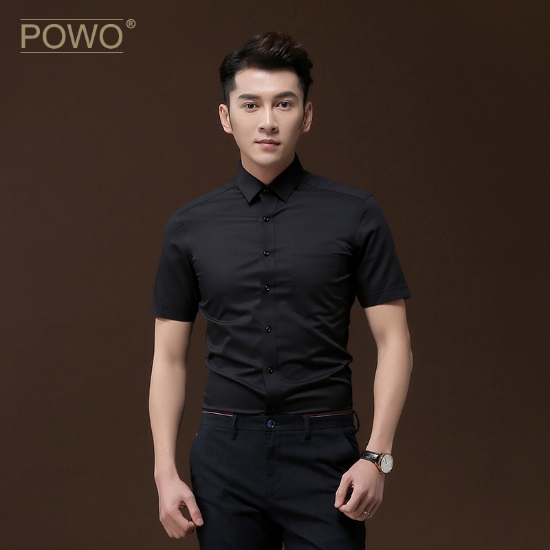 男装 黑色商务休闲寸衫 修身 男士 免烫衬衣 帅气夏季 衬衫 韩版 POWO短袖