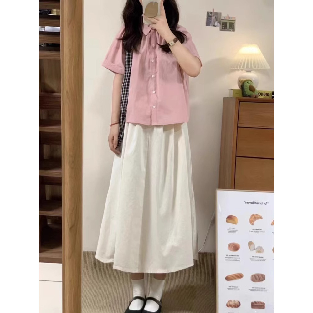 日系慵懒风减龄粉色POLO领宽松百搭短袖 衬衫 两件套 A字半身裙夏季