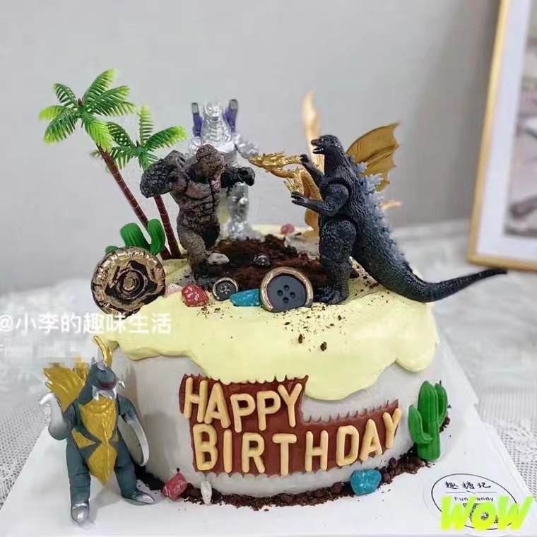 男孩生日蛋糕 怪兽金刚大猩猩恐龙摆件 植物小草椰树插牌 超人