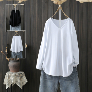 T恤 女韩版 中长款 心机上衣设计感开叉白色长袖 200斤打底衫 春秋大码