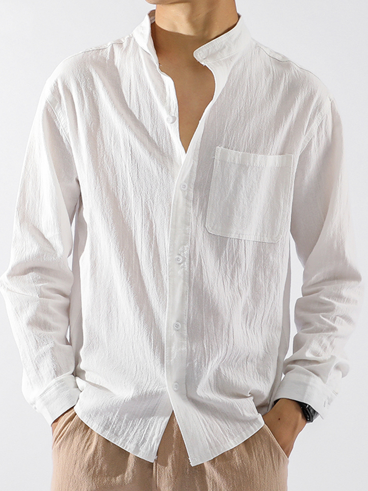 修身 夏季 防晒棉麻料衬衣 休闲薄款 亚麻衬衫 纯色日系复古工装 男长袖