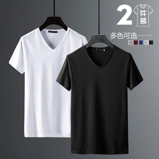 潮流半袖 2件 新款 V领短袖 纯棉白色打底衫 莫代尔 体恤夏季 t恤男士