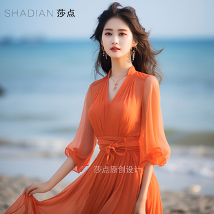 橙色连衣裙雪纺长裙五分袖 大摆裙收腰显瘦好看漂亮裙子海边沙滩裙