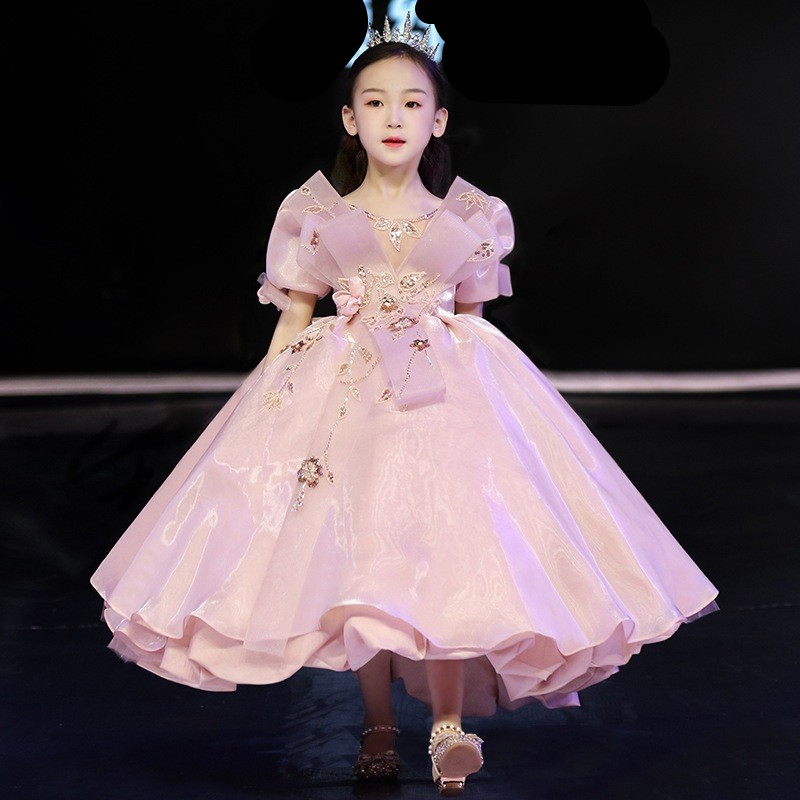 小女孩钢琴主持人舞台演出礼服绑带儿童周岁party红毯走秀公主裙