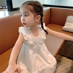 女童白色连衣裙夏装 无袖 裙子背心裙女宝宝蕾丝公主裙 2023儿童新款