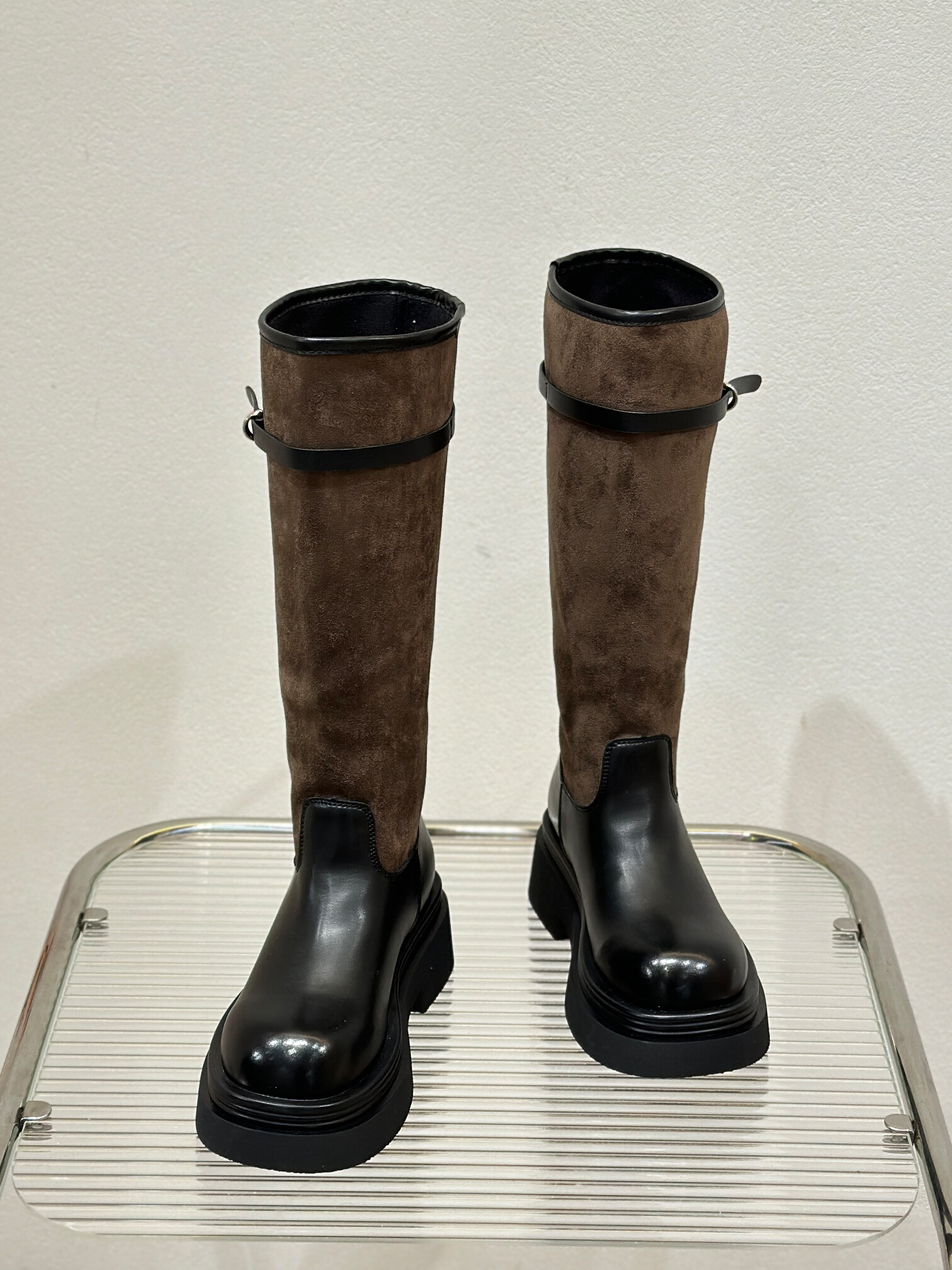 加绒长筒靴小众设计高级感机车靴子 拼接真皮厚底高筒骑士靴女冬季