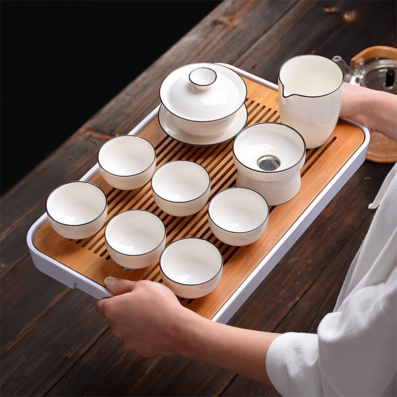德化白瓷盖碗家用简约整套陶瓷喝茶壶六杯办公室会客 功夫茶具套装