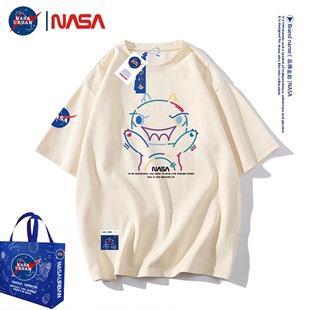 复古简约印花运动体恤 2023新款 夏季 潮牌美式 t恤男士 NASA联名短袖