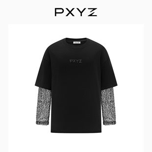 PXYZ24SS春夏季 宽松假两件镂空亮片长袖 T恤 透气休闲时尚