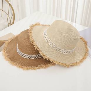 帽子女款 夏天出游沙滩帽海边度假防晒太阳草帽法式 平顶遮阳帽时尚