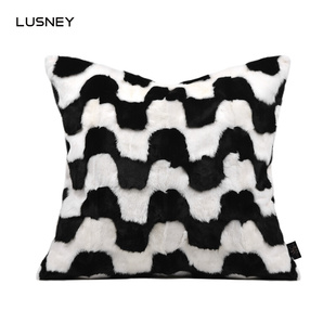 轻奢样板间靠枕黑白波形图案软毛方形高级感沙发抱枕套床上靠背垫