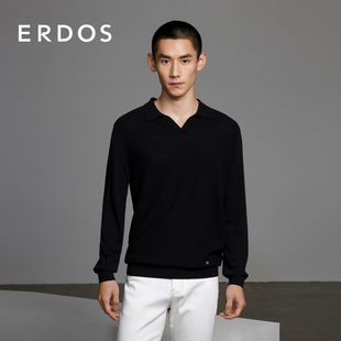 24春季 ERDOS 毛衣商务休闲通勤 新款 男装 黑色翻领长袖 纯羊毛针织衫