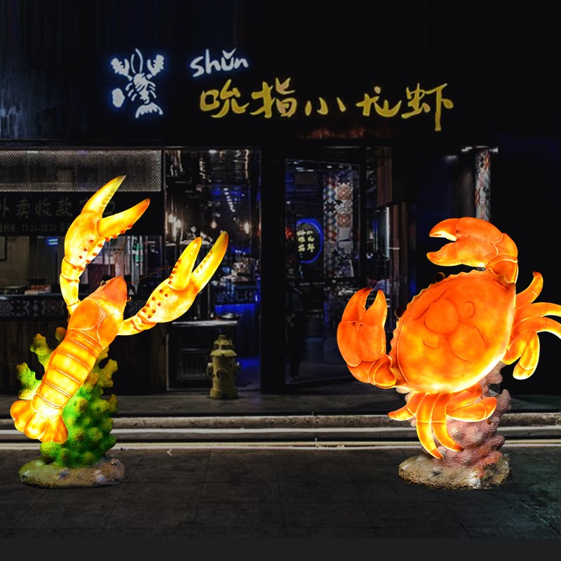 饰品 仿真发光小龙虾螃蟹模型雕塑摆件玻璃钢饭店大排档招牌迎宾装