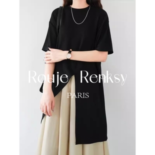 法国Rouje 中长款 设计感T恤女短袖 开叉纯色不规则上衣 Renksy夏季