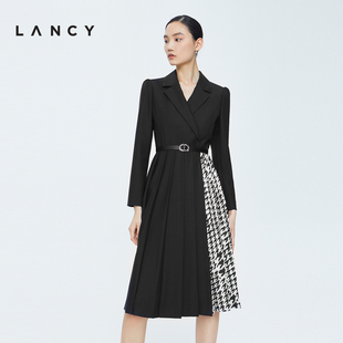 LANCY 羊毛收腰中长款 西装 朗姿2022冬季 新款 连衣裙女子撞色高级裙