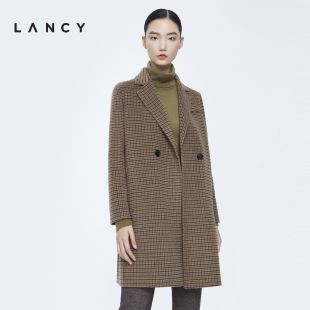 LANCY 宽松气质羊毛大衣中长款 新款 羊绒复古格纹外套女 朗姿秋冬季