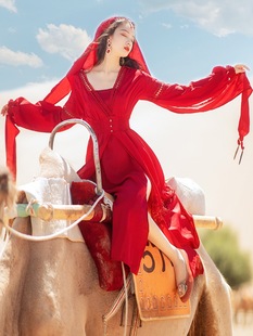 出租红色西藏旅拍沙漠长裙旅游度假裙民族风复古连衣裙租赁 服装
