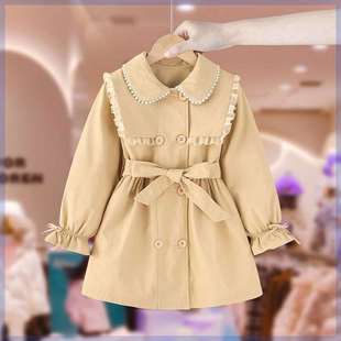 女童外套珍珠领系带风衣2023新款 韩版 洋气小女孩春秋款 上衣 儿童装
