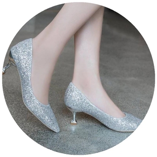 结婚低跟3cm银色水晶高跟鞋 浅口细跟猫跟鞋 5cm伴娘鞋 女新娘鞋 婚鞋