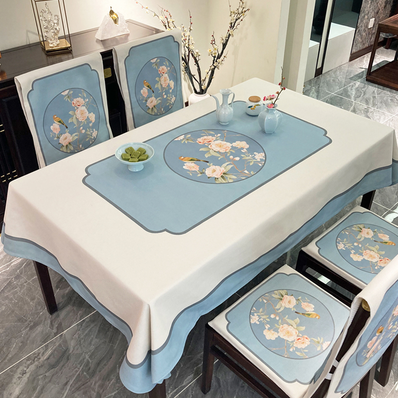 花鸟中国风餐桌椅子套罩棉麻椭圆桌水洗不褪色茶几 餐桌布新中式