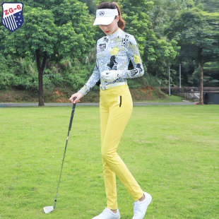 时尚 春秋季 子 花长袖 ZG6高尔夫女士服装 立领上衣黄色长裤 球服女装
