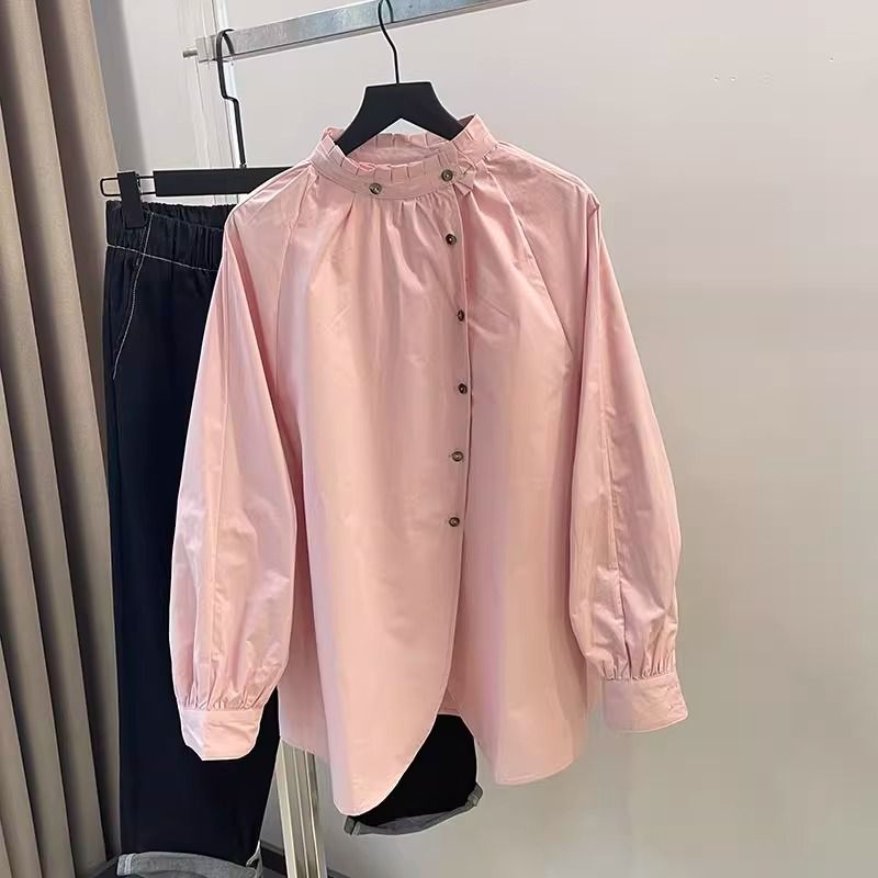 粉色长袖 设计感韩版 女春装 小众木耳边立领高级感衬衣上衣 纯棉衬衫