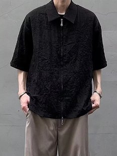 男高级感休 衬衫 以纯棉A21褶皱纹理解构拉链翻领黑色cleanfit短袖