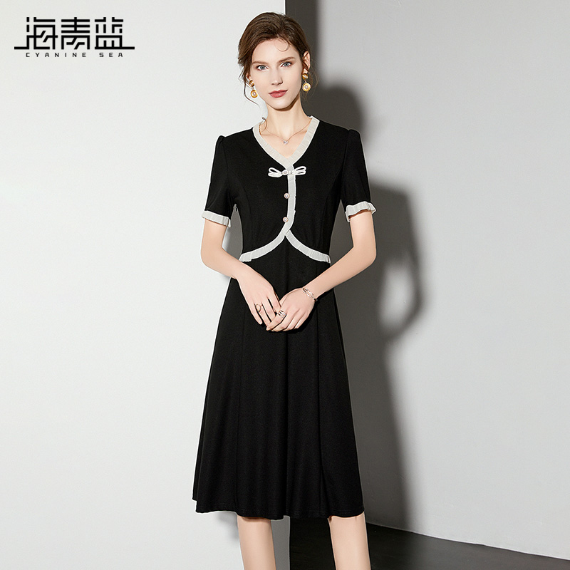海青蓝新中式 假两件连衣裙2024夏季 V领黑色盘扣减龄显瘦裙子 新款