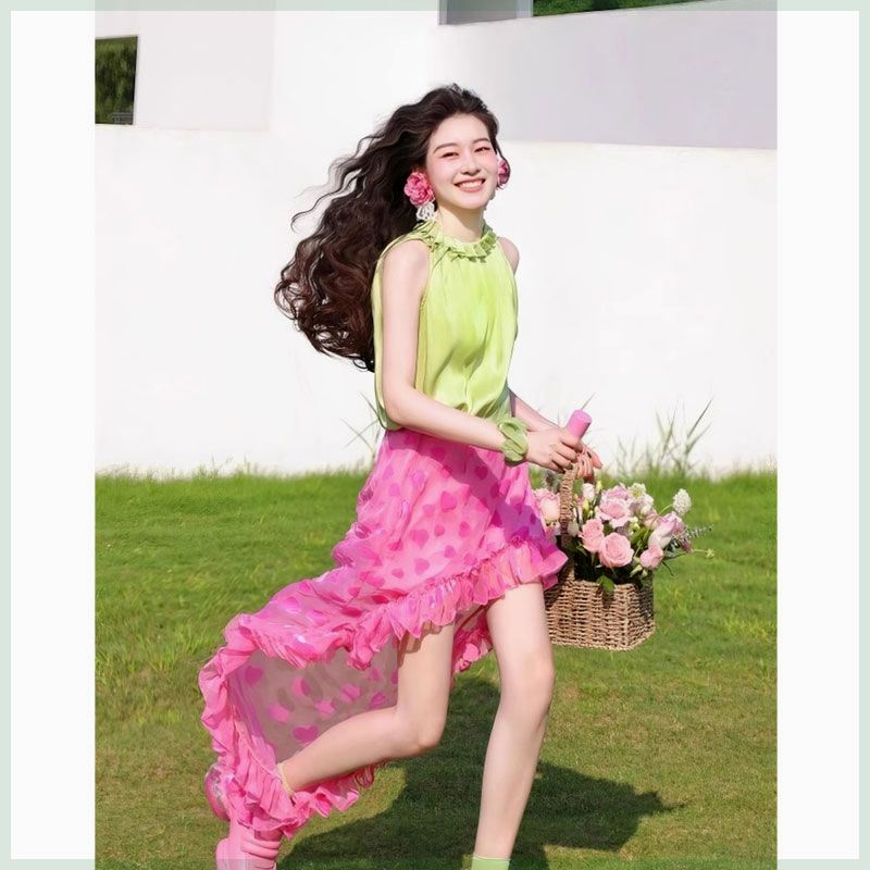 夏日韩系多巴胺穿搭女套装 裙高级感今年流行粉色两件套初秋季 新款