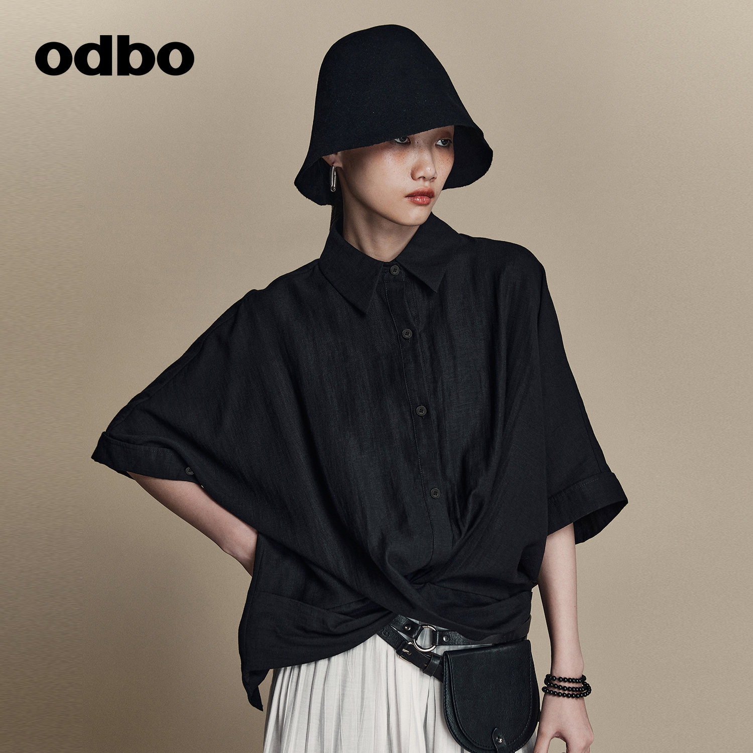 odbo 女新款 衬衫 百搭上衣 欧迪比欧原创设计感小众黑色五分袖