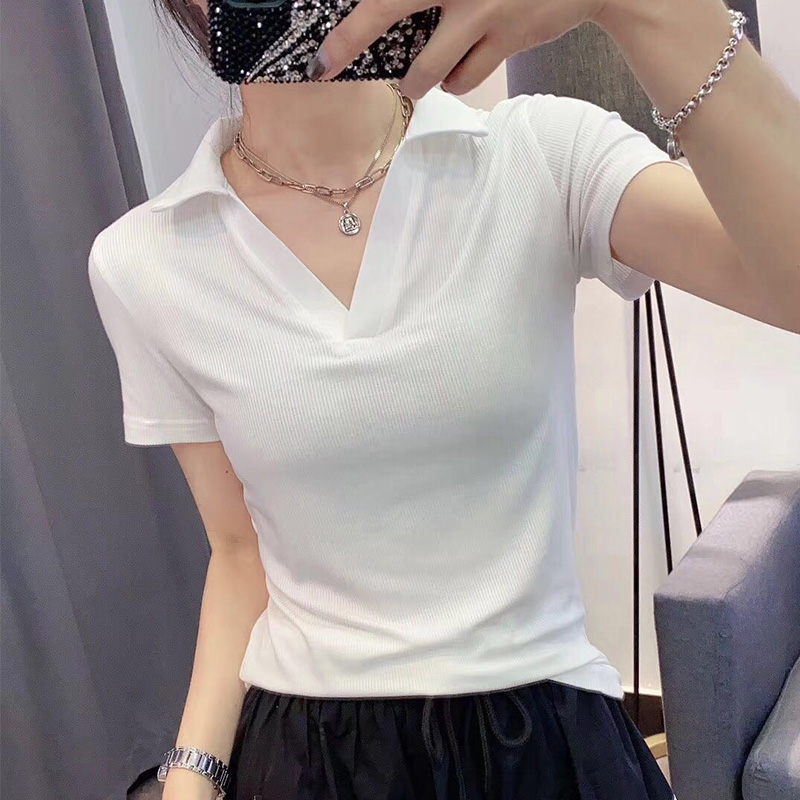 韩版 白色短袖 上衣 修身 t恤女2024年夏装 显瘦百搭polo翻领半袖 新款