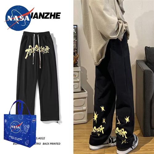 NASA潮牌红色国潮美式 hiphop卫裤 子ins高街潮直 男重磅星星运动裤