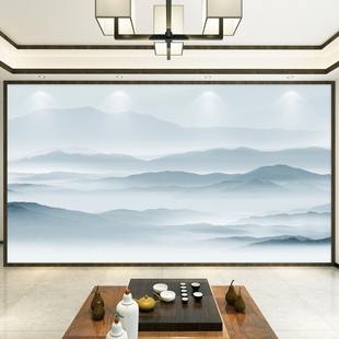 意境山水蓝色壁纸沙发墙壁画壁布 摄影背景墙布客厅电视墙纸新中式