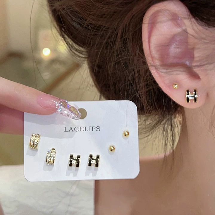 耳饰 6件套闪钻H字母几何耳钉女高级感小巧设计独特耳环2024年新款